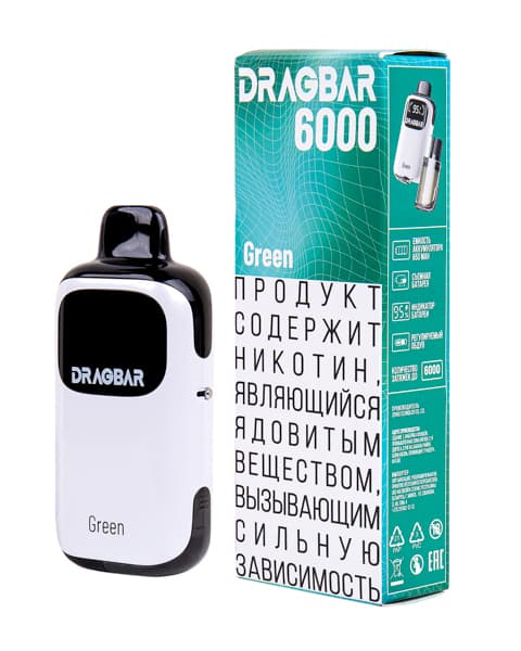 Комплект электронной системы курения ( одноразовая ) DRAGBAR 6000 - 650 mAh - Гавайская Мята ( Green ) ( 2 + 10 мл. Крепость 17 ± 3 мг\ мл )